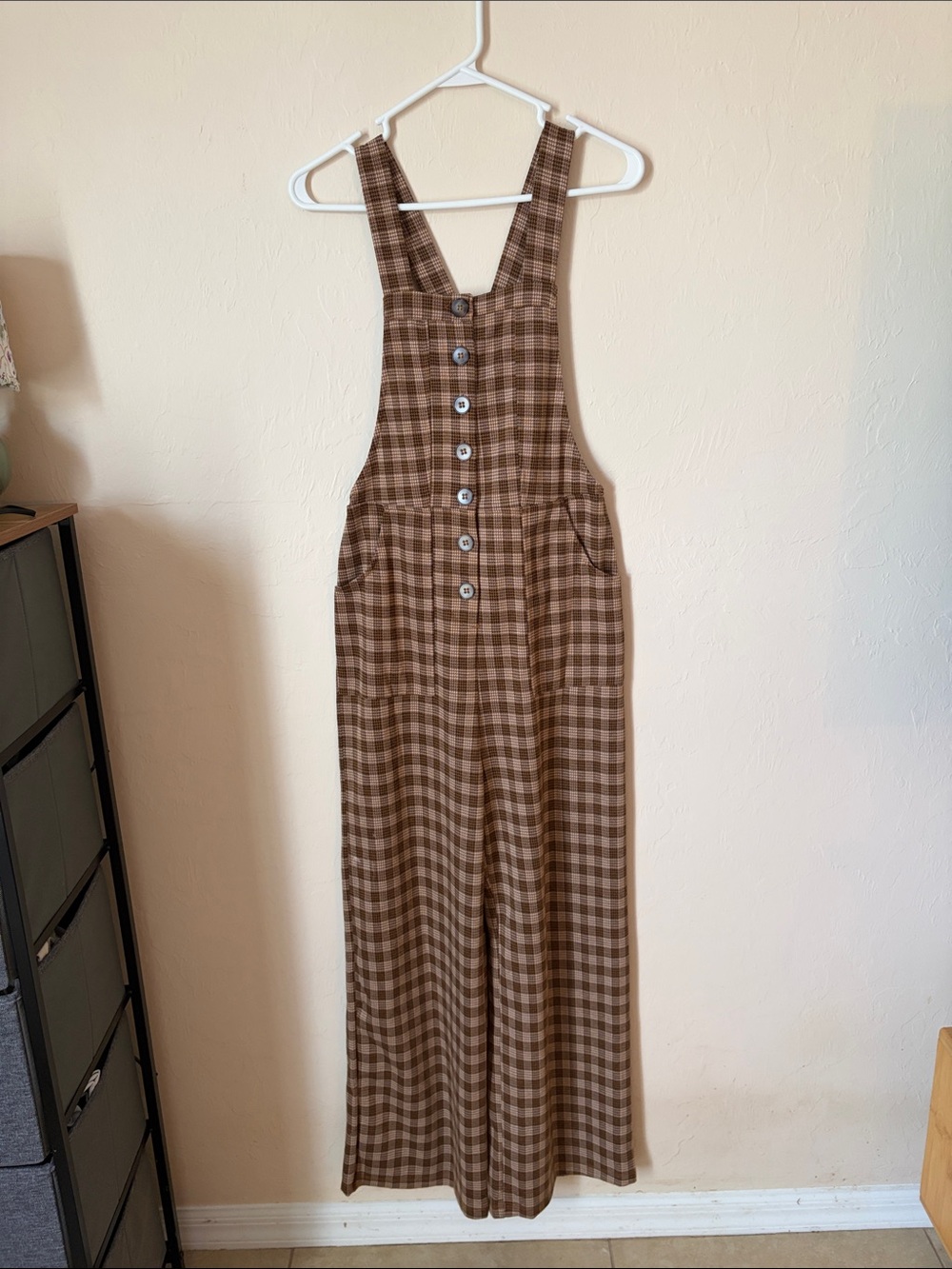 Vintage Brown Plaid Button-Front Jumpsuit